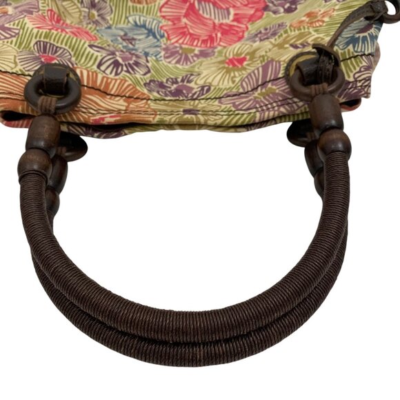 FOSSIL Floral Canvas Shoulder Bag w/ Leather Wood Trim Three Compartments - Picture 4 of 9